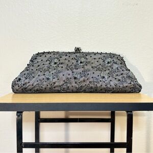 Vintage Silver & Black Beaded Lace Vintage Slim Formal Clutch